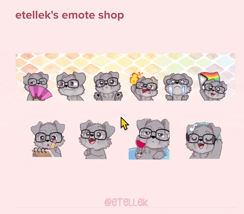 etellek's emote shop featuring 10 emotes for shade, pausechamp, shrug, riot, cry, pride, noted, clap, rolling wine, and jam